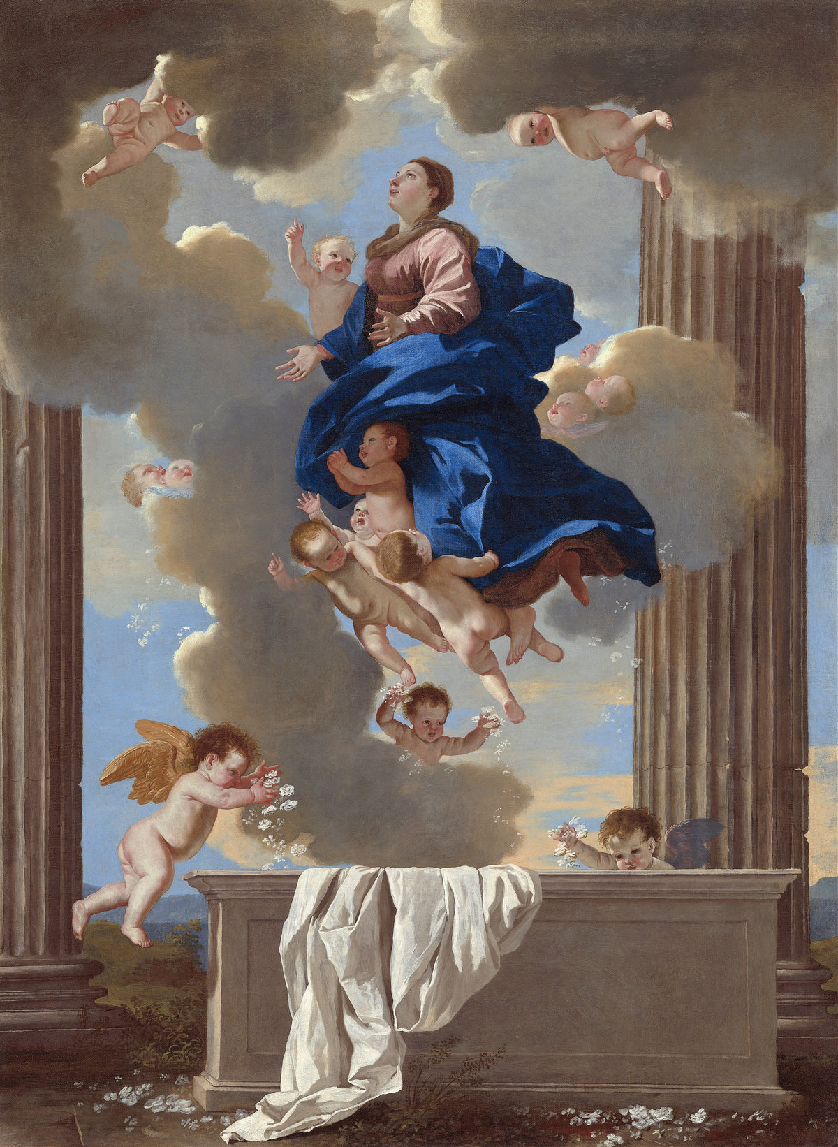 The Assumption of the Virgin by Nicolas Poussin — A woman in blue rises on clouds among cherubs and scattered flowers