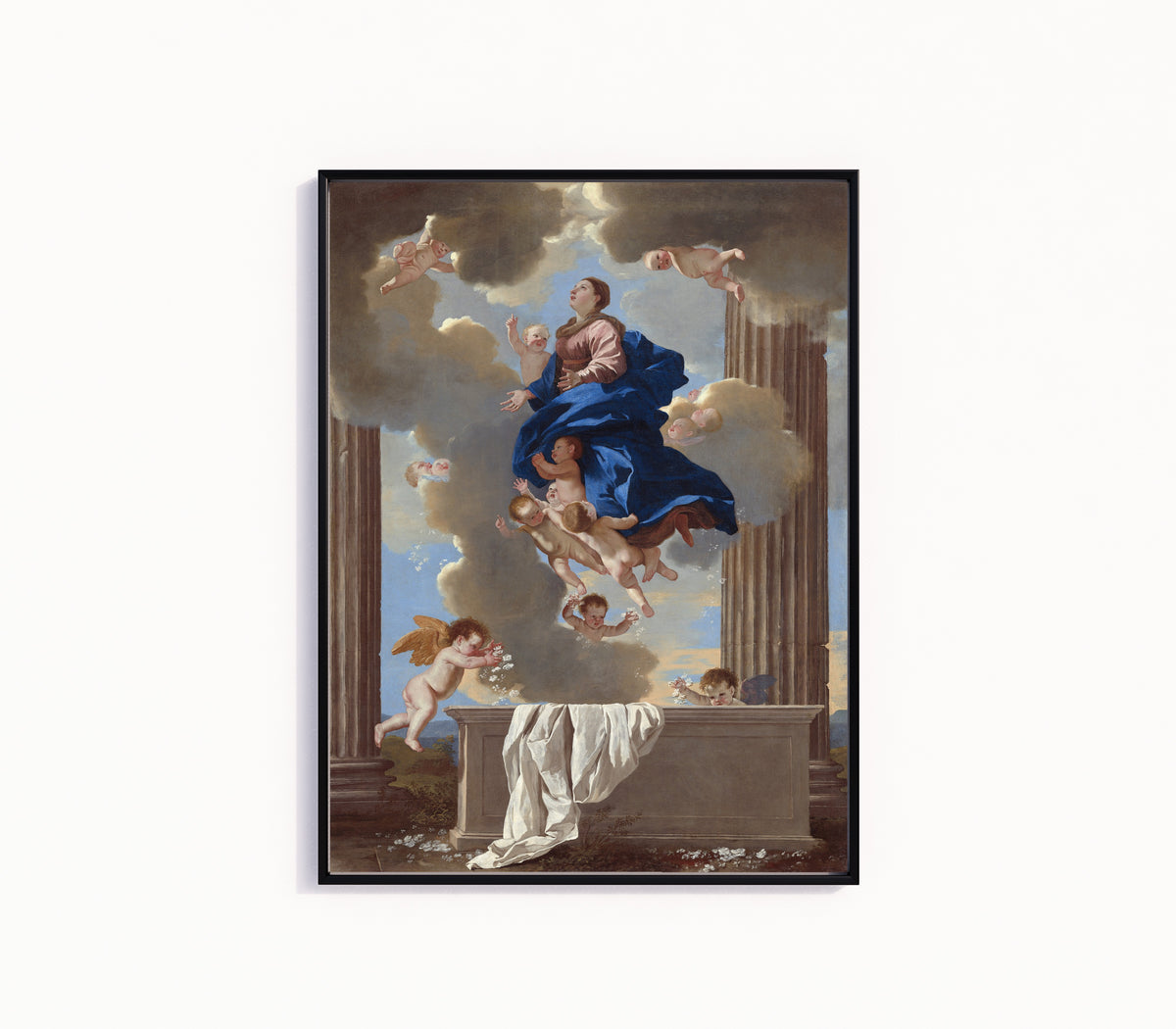 Framed art print of The Assumption of the Virgin by Nicolas Poussin, in a slim black frame on a plain white wall