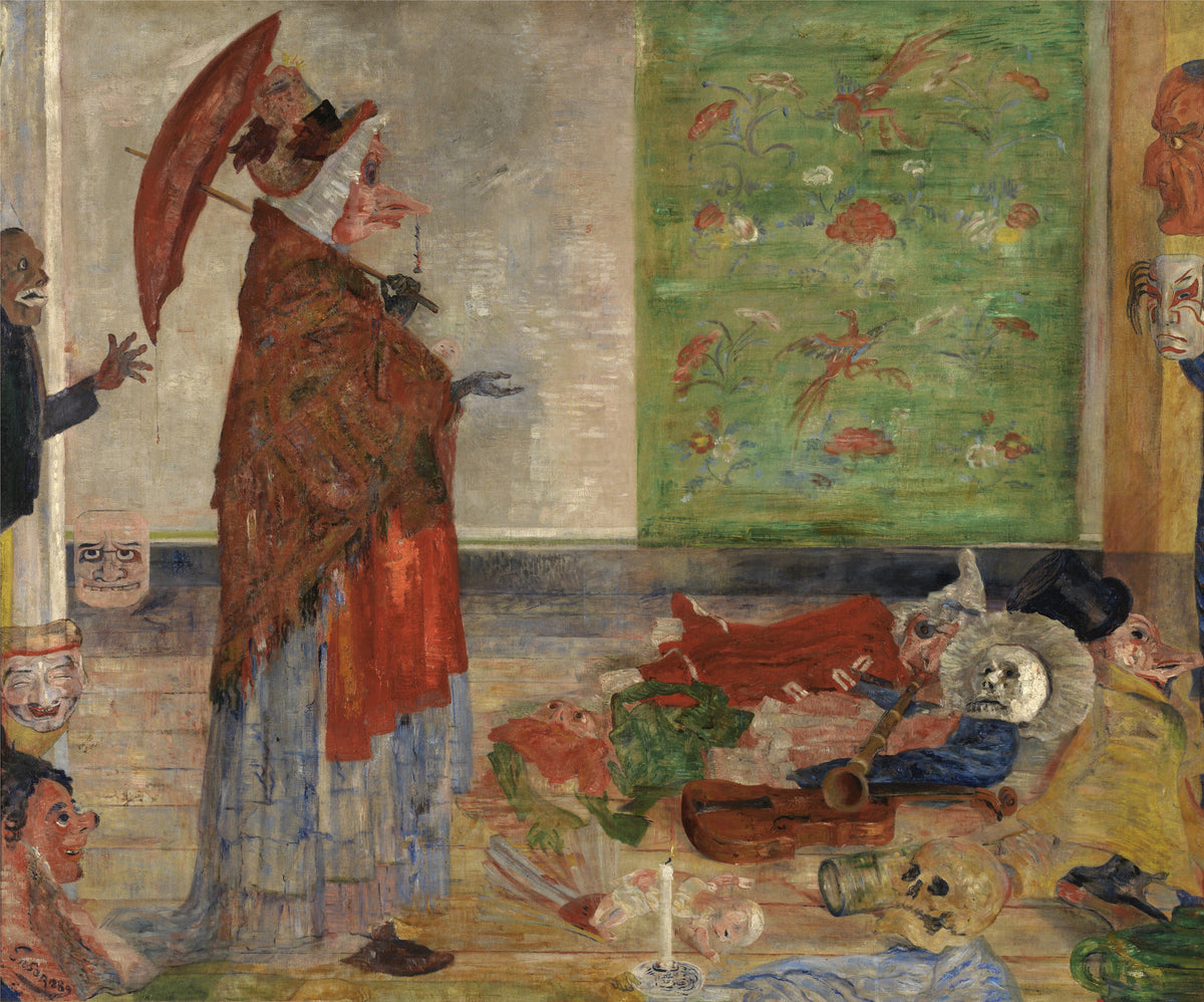The Astonishment of the Mask Wouse by James Ensor — A beaked carnival mask with a red parasol stares at a heap of masks
