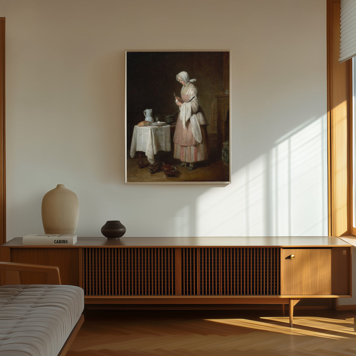 Framed art print of The Attentive Nurse by Jean-Siméon Chardin, in a thin light frame on a sunlit wall above a wooden sideboard