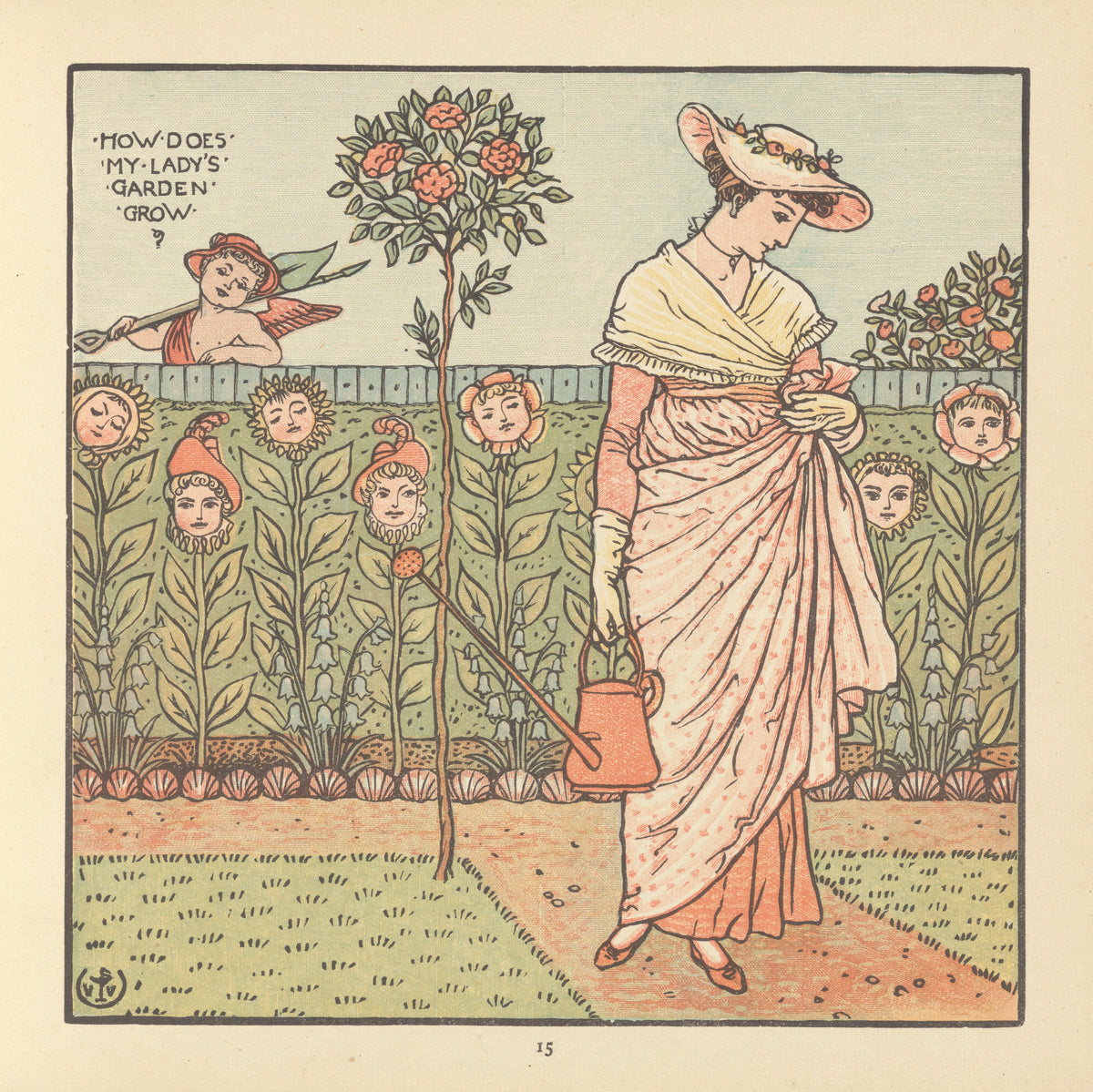 The Baby's Opera: How Does My Lady's Garden Grow? by Walter Crane — A lady with a watering can walks past flowers with faces