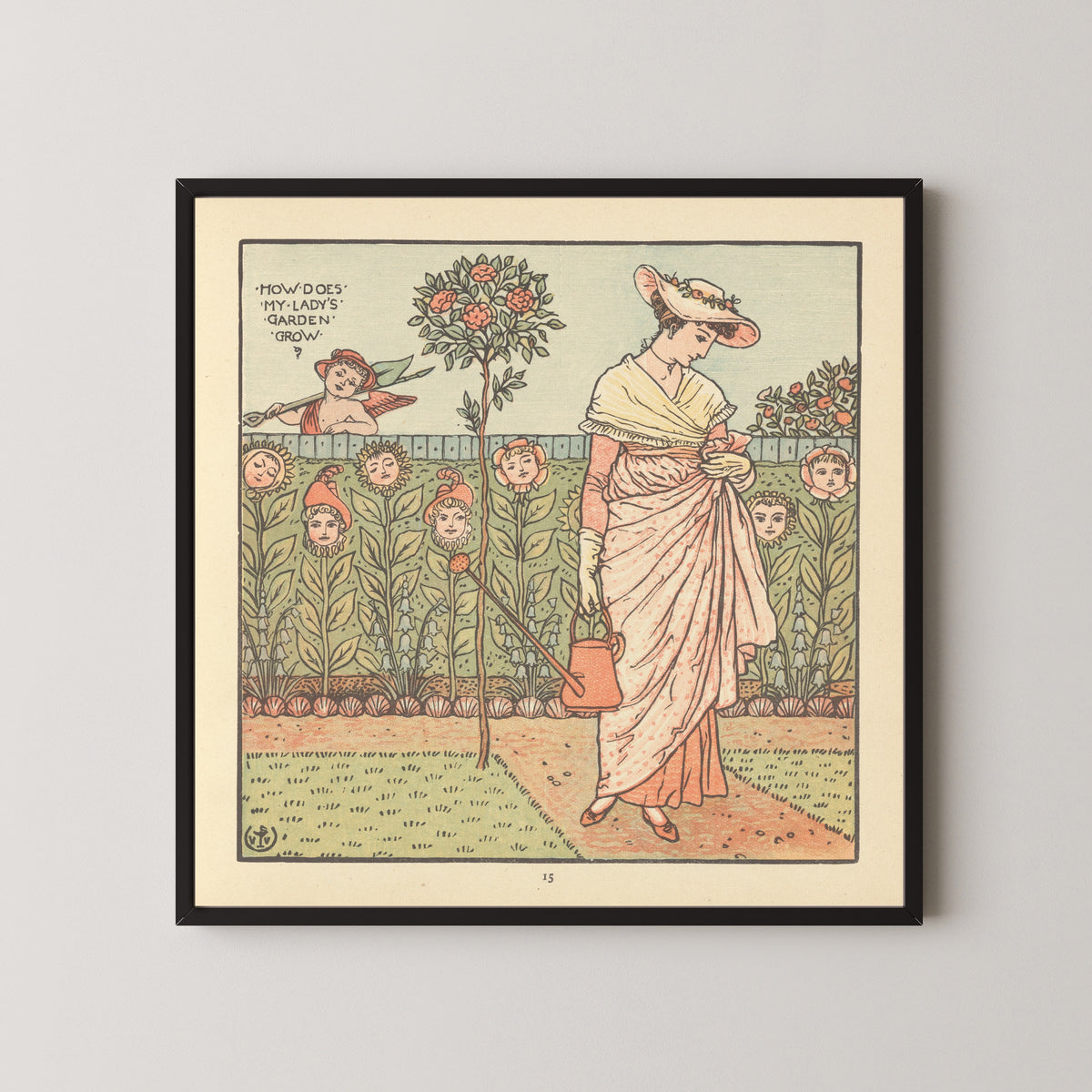 Framed art print of The Baby's Opera: How Does My Lady's Garden Grow? by Walter Crane, in a black frame on a pale wall