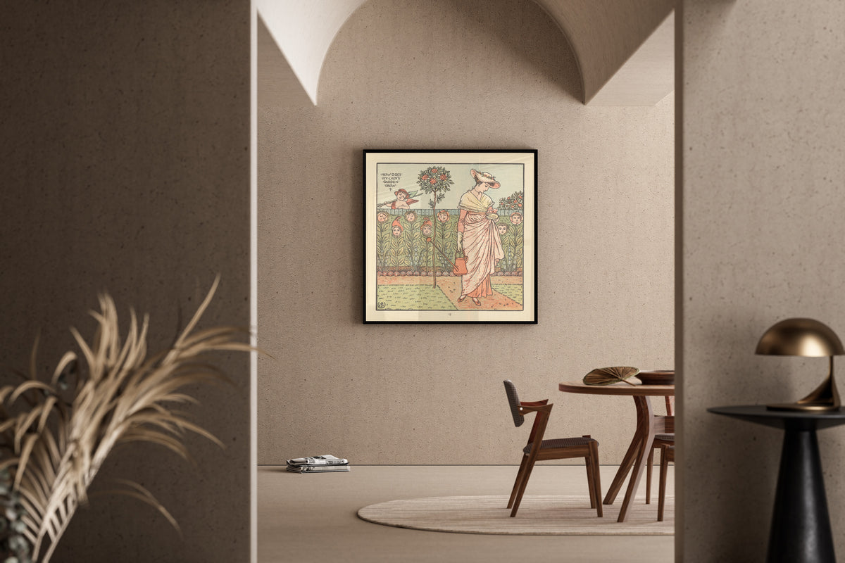Framed art print of The Baby's Opera: How Does My Lady's Garden Grow? by Walter Crane, in a sunlit dining corner