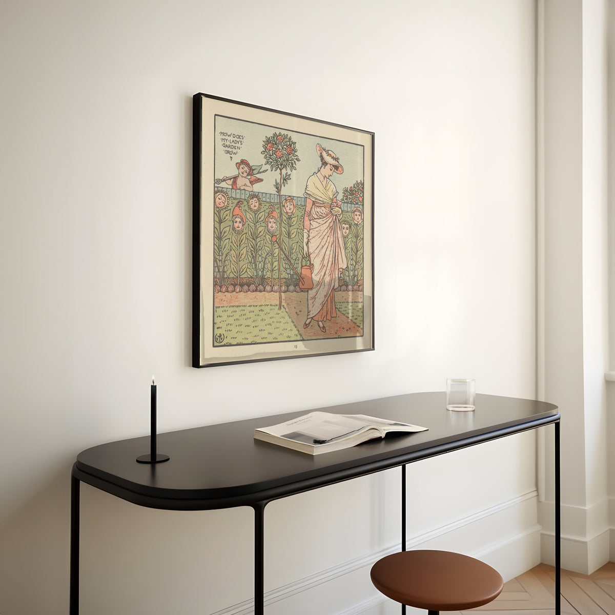 Framed art print of The Baby's Opera: How Does My Lady's Garden Grow? by Walter Crane, above a slim black console table