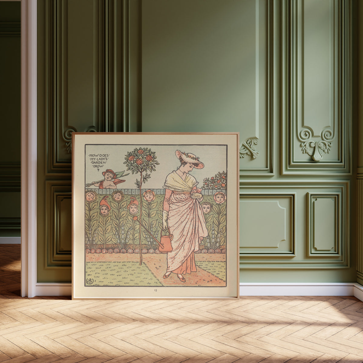 Framed art print of The Baby's Opera: How Does My Lady's Garden Grow? by Walter Crane, leaning against olive-green panelling on a herringbone floor