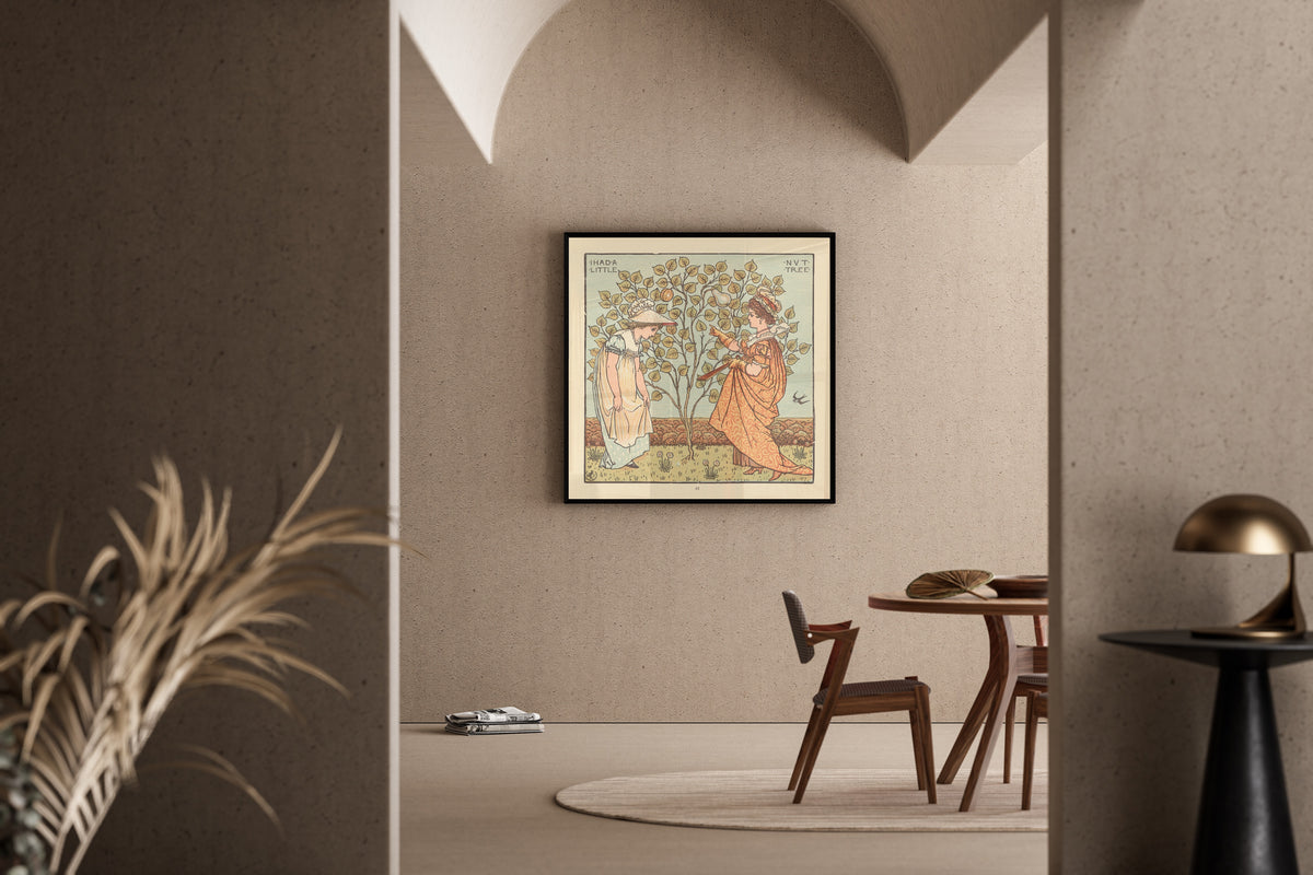 Framed art print of The Baby's Opera: I Had a Little Nut Tree by Walter Crane, in a sunlit dining corner