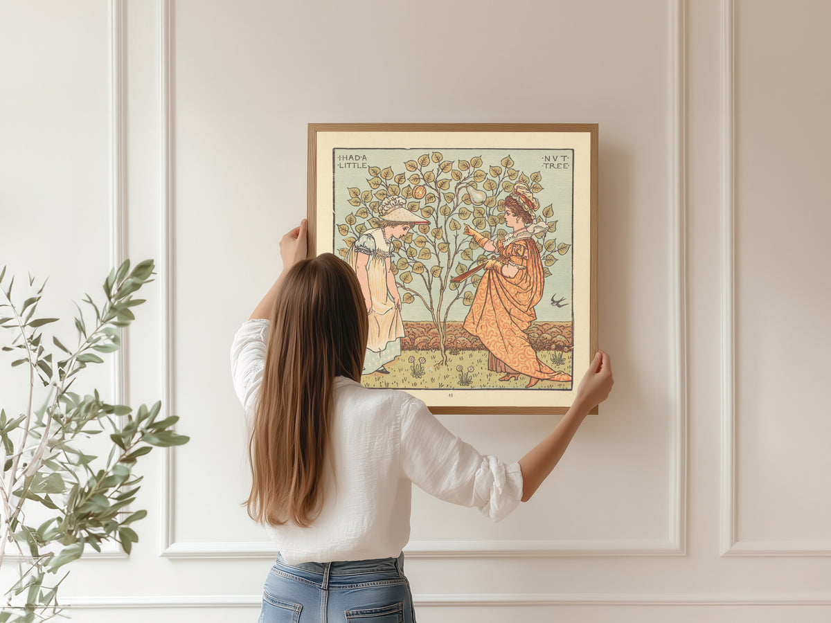 Framed art print of The Baby's Opera: I Had a Little Nut Tree by Walter Crane, hung on a panelled wall