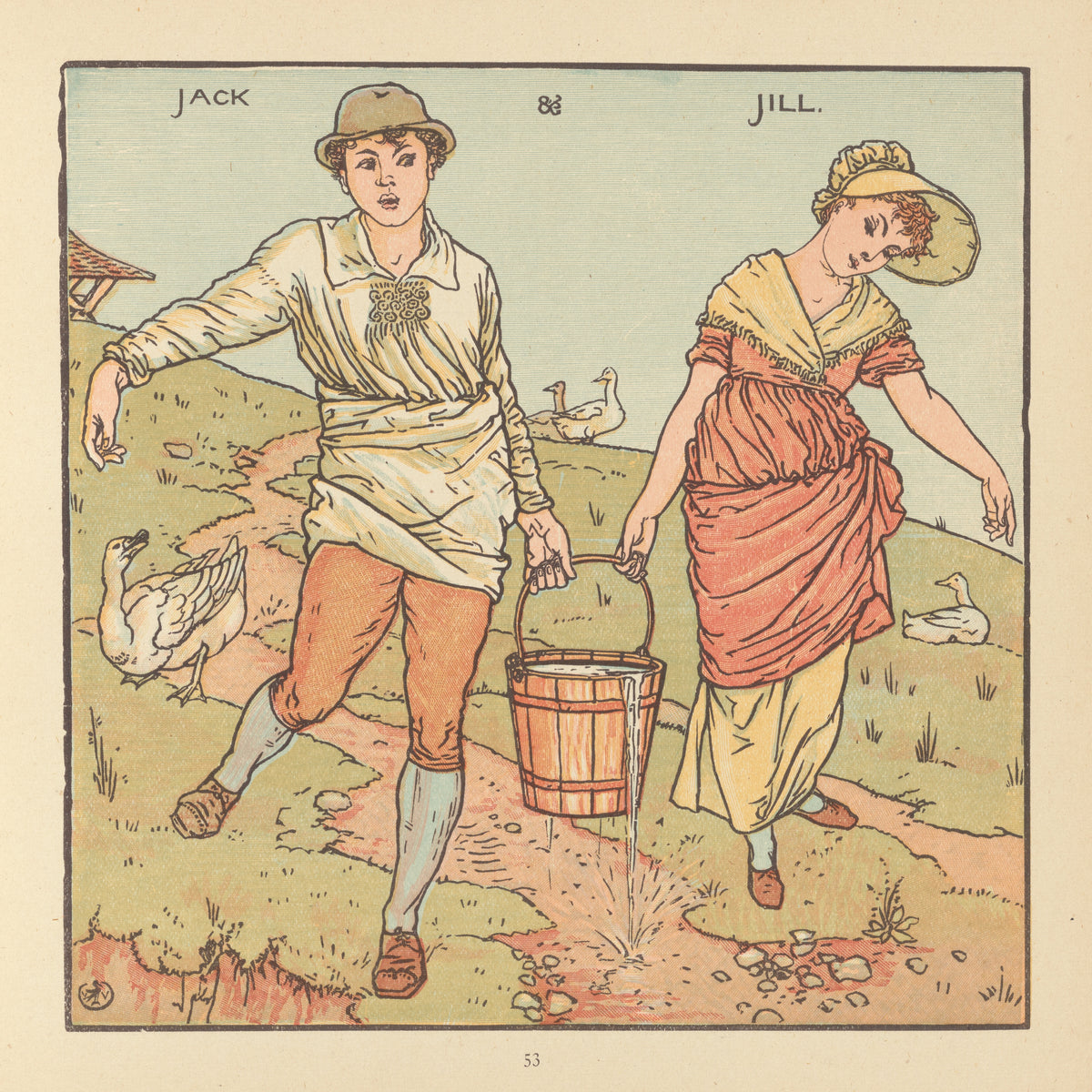 The Baby's Opera: Jack and Jill by Walter Crane — Jack and Jill dash down a hill as the bucket spills
