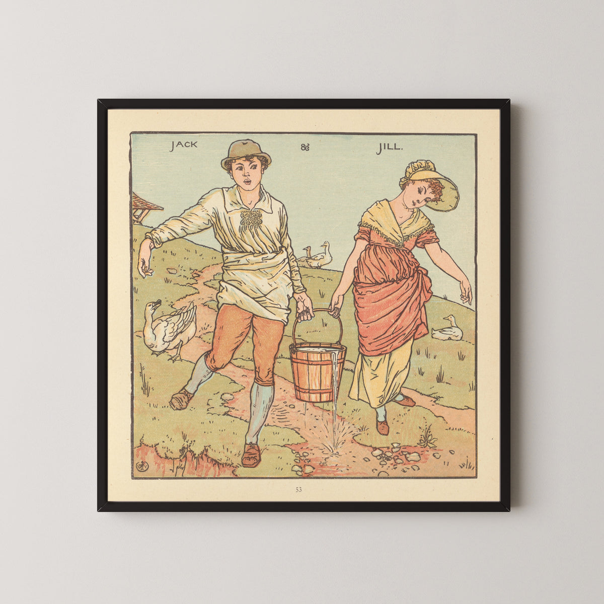 Framed art print of The Baby's Opera: Jack and Jill by Walter Crane, in a black frame on a pale wall