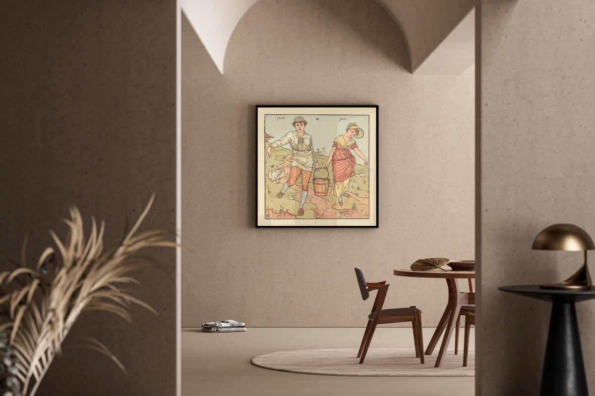 Framed art print of The Baby's Opera: Jack and Jill by Walter Crane, in a sunlit dining corner
