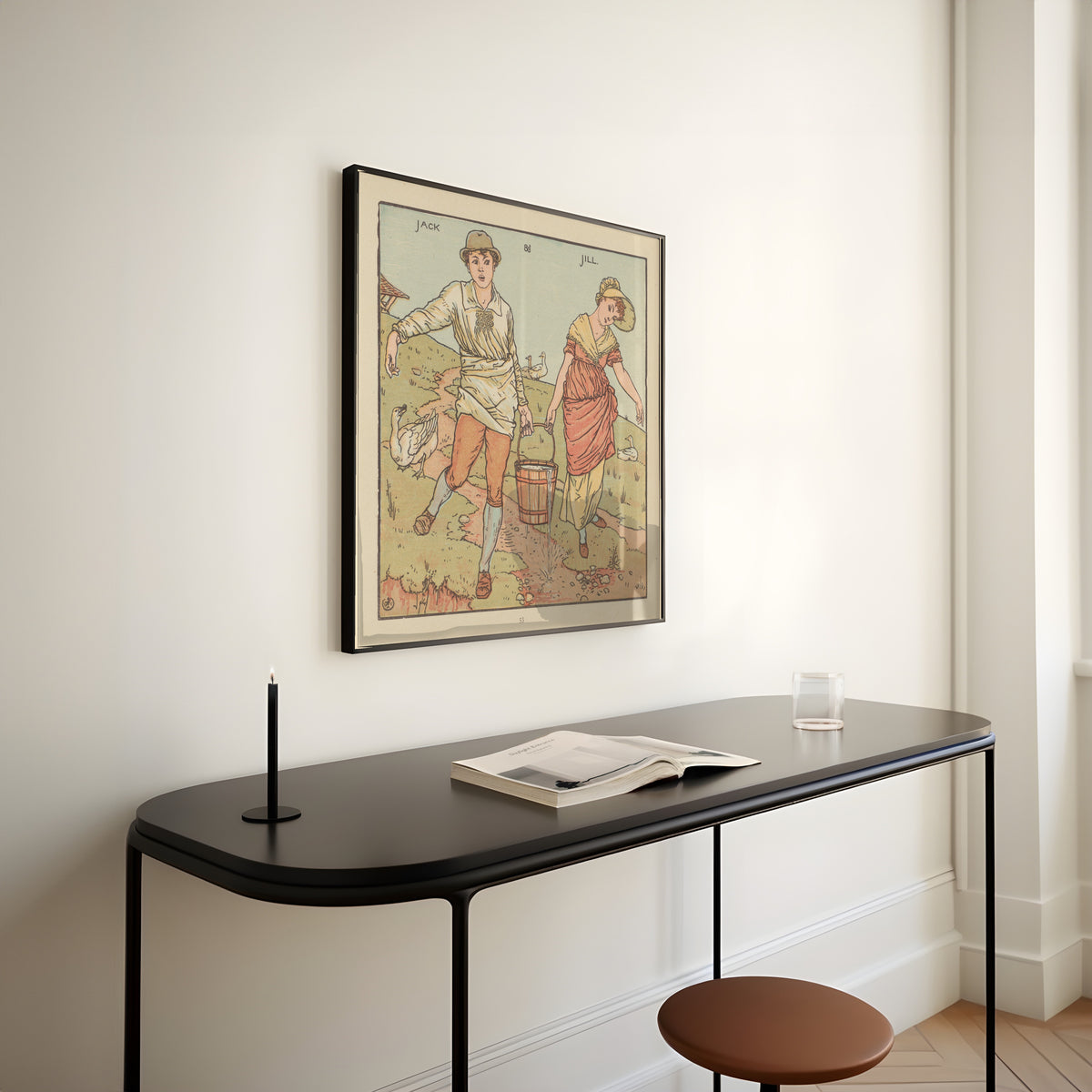 Framed art print of The Baby's Opera: Jack and Jill by Walter Crane, above a slim black console table