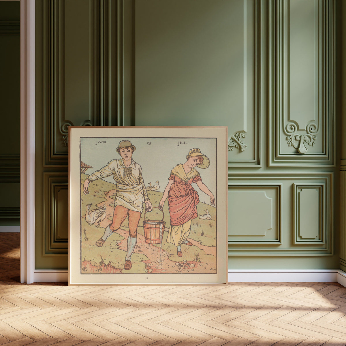 Framed art print of The Baby's Opera: Jack and Jill by Walter Crane, leaning against olive-green panelling on a herringbone floor