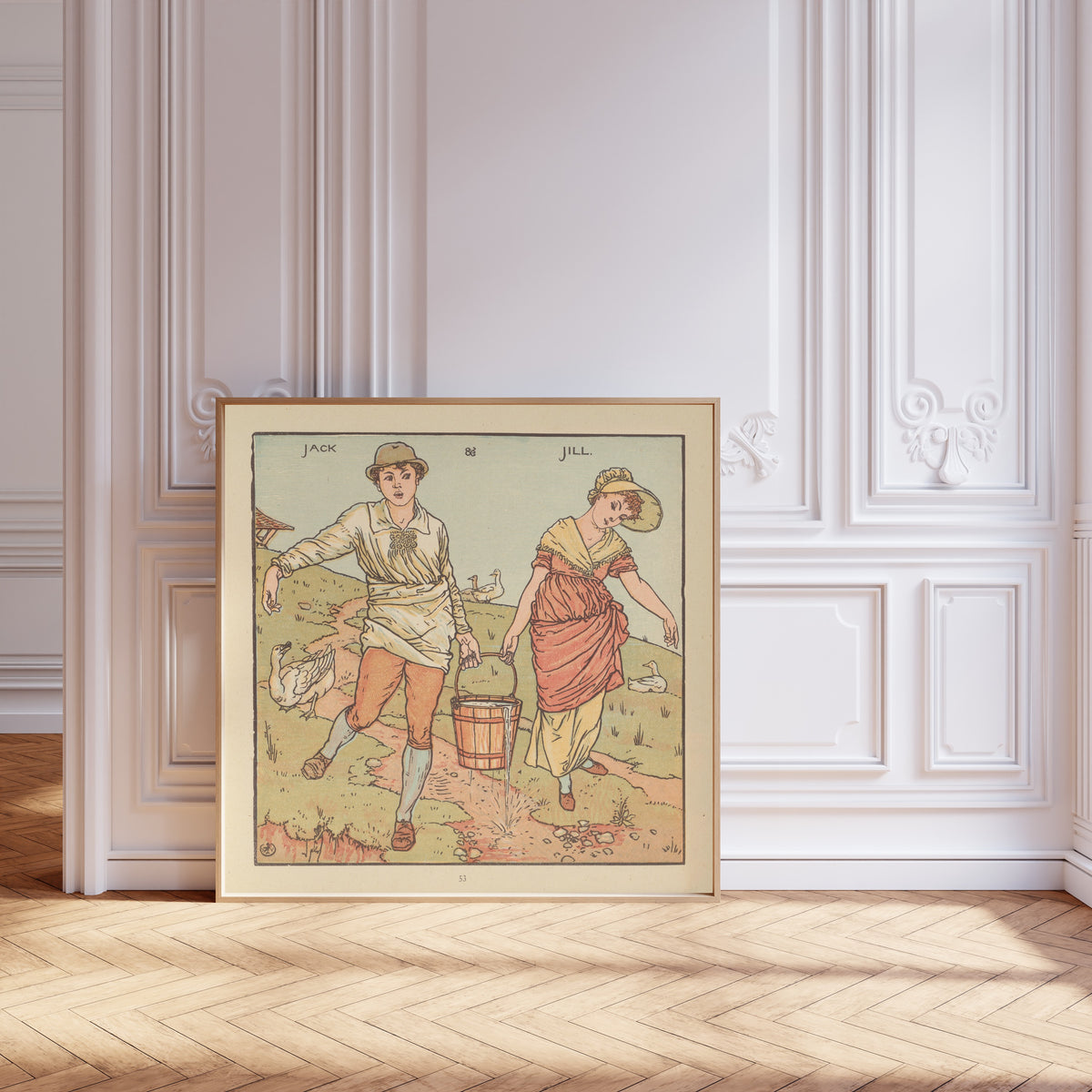 Framed art print of The Baby's Opera: Jack and Jill by Walter Crane, leaning against pale pink panelling on a herringbone floor