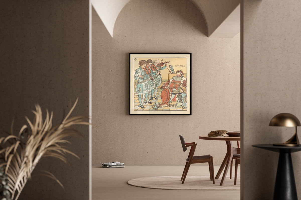 Framed art print of The Baby's Opera: King Cole by Walter Crane, in a sunlit dining corner