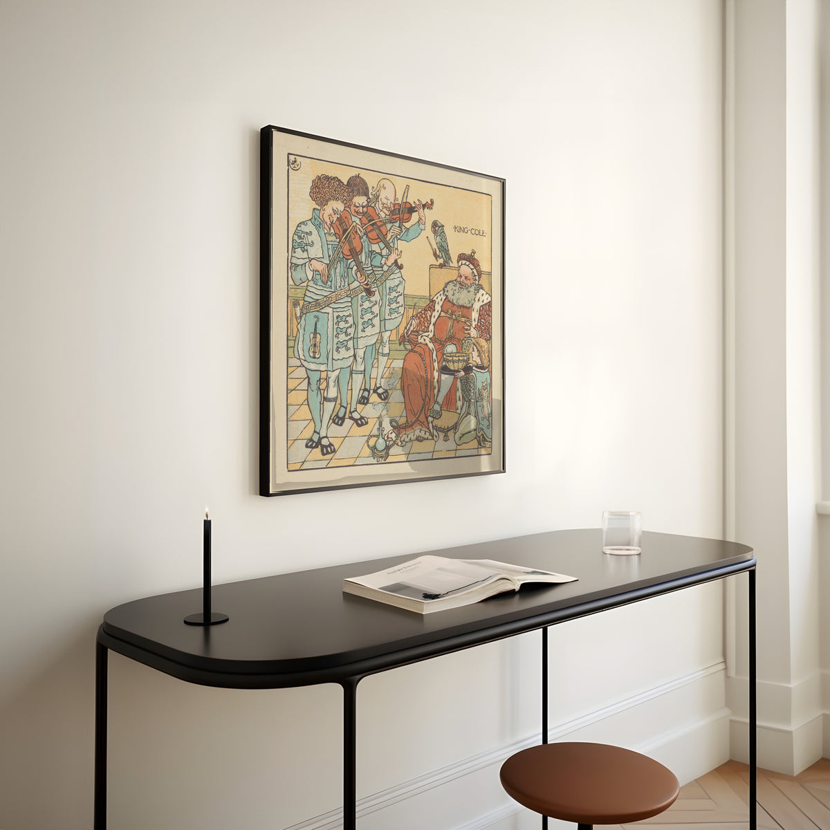 Framed art print of The Baby's Opera: King Cole by Walter Crane, above a slim black console table