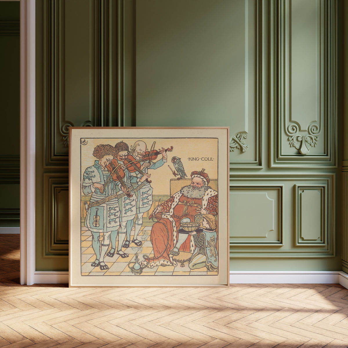 Framed art print of The Baby's Opera: King Cole by Walter Crane, leaning against olive-green panelling on a herringbone floor
