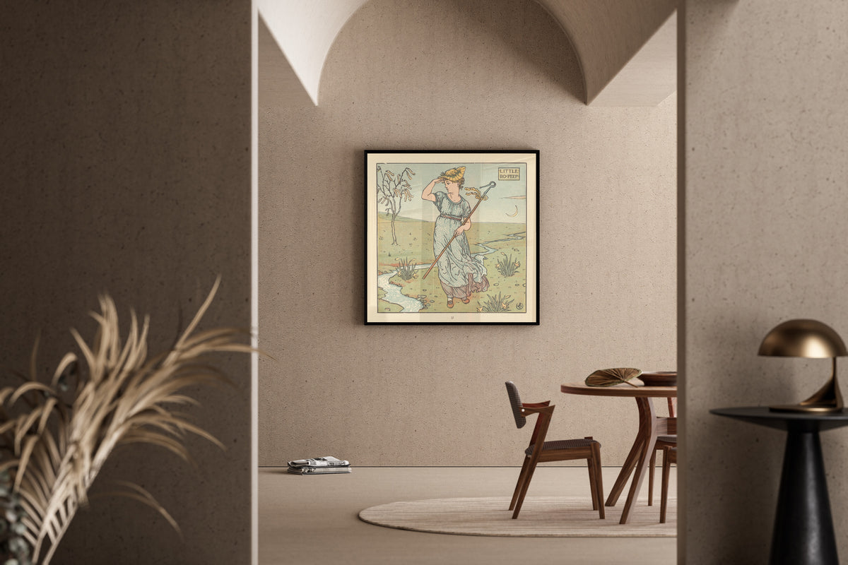 Framed art print of The Baby's Opera: Little Bo-Peep by Walter Crane, in a sunlit dining corner