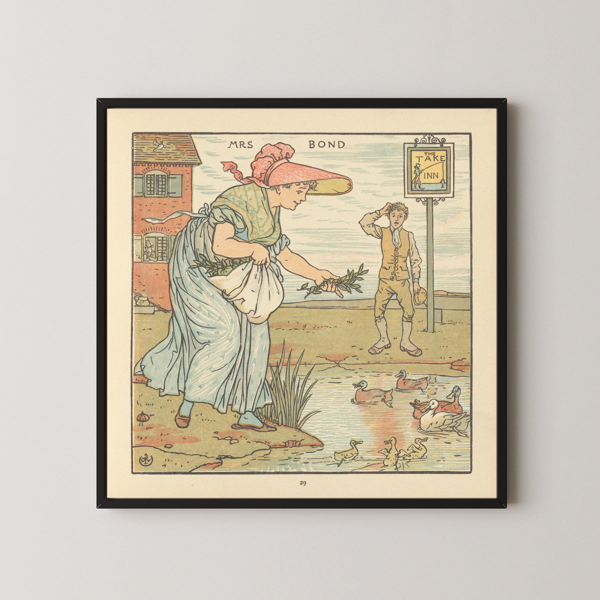 Framed art print of The Baby's Opera: Mrs. Bond by Walter Crane, in a black frame on a pale wall