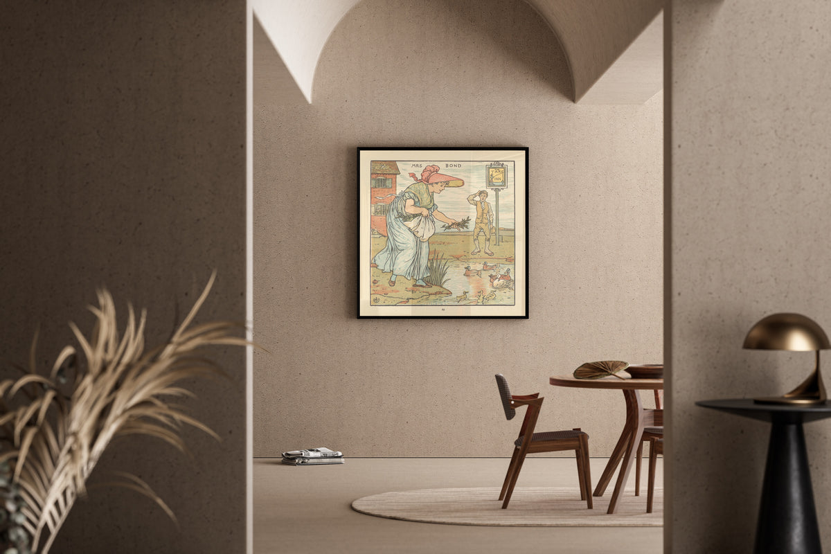Framed art print of The Baby's Opera: Mrs. Bond by Walter Crane, in a sunlit dining corner
