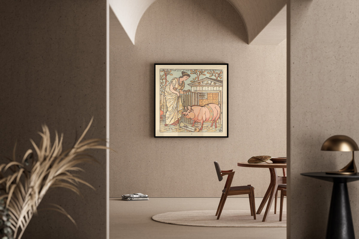 Framed art print of The Baby's Opera: There Was a Lady Loved a Swine by Walter Crane, in a sunlit dining corner