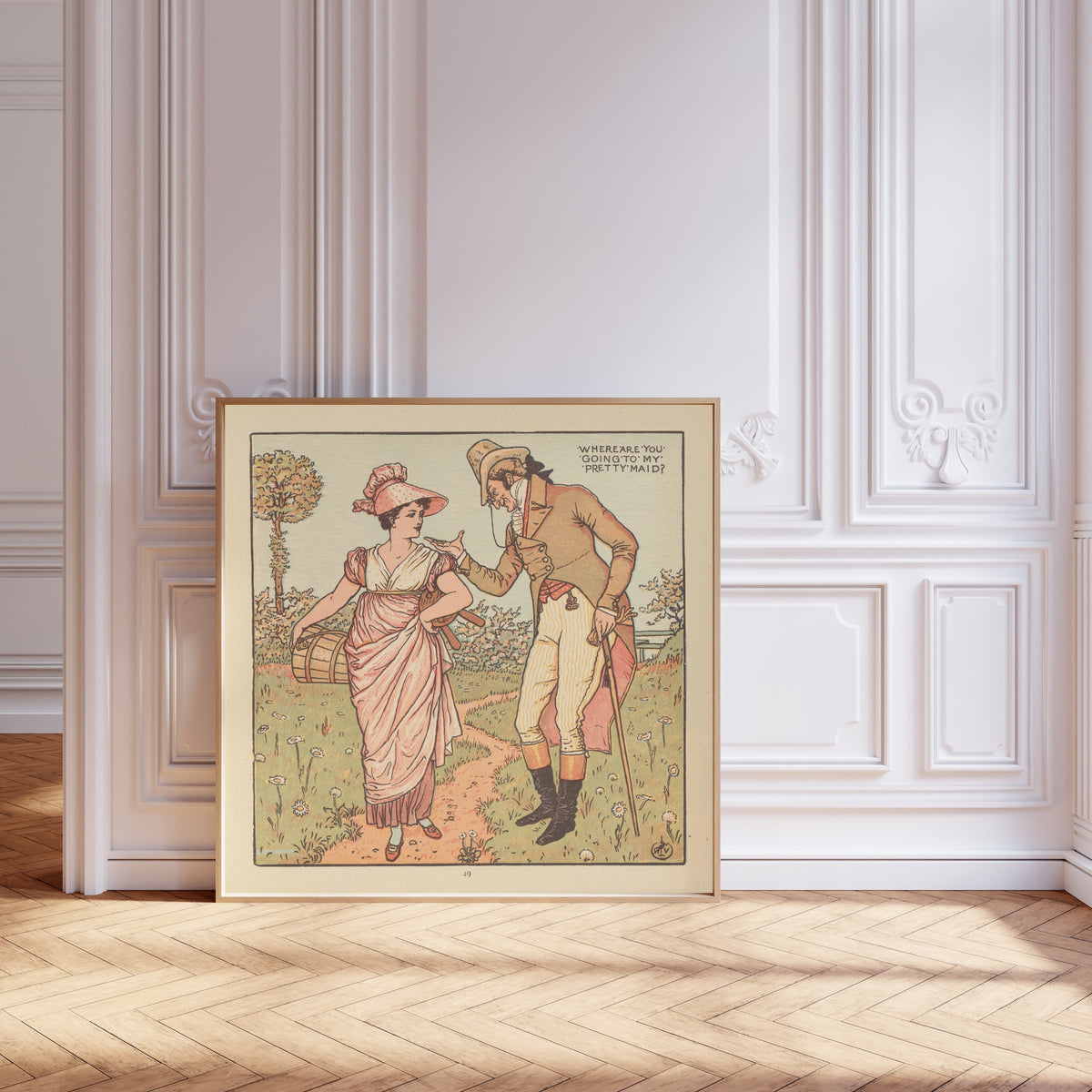 Framed art print of The Baby's Opera: Where Are You Going to, My Pretty Maid? by Walter Crane, leaning against pale pink panelling on a herringbone floor