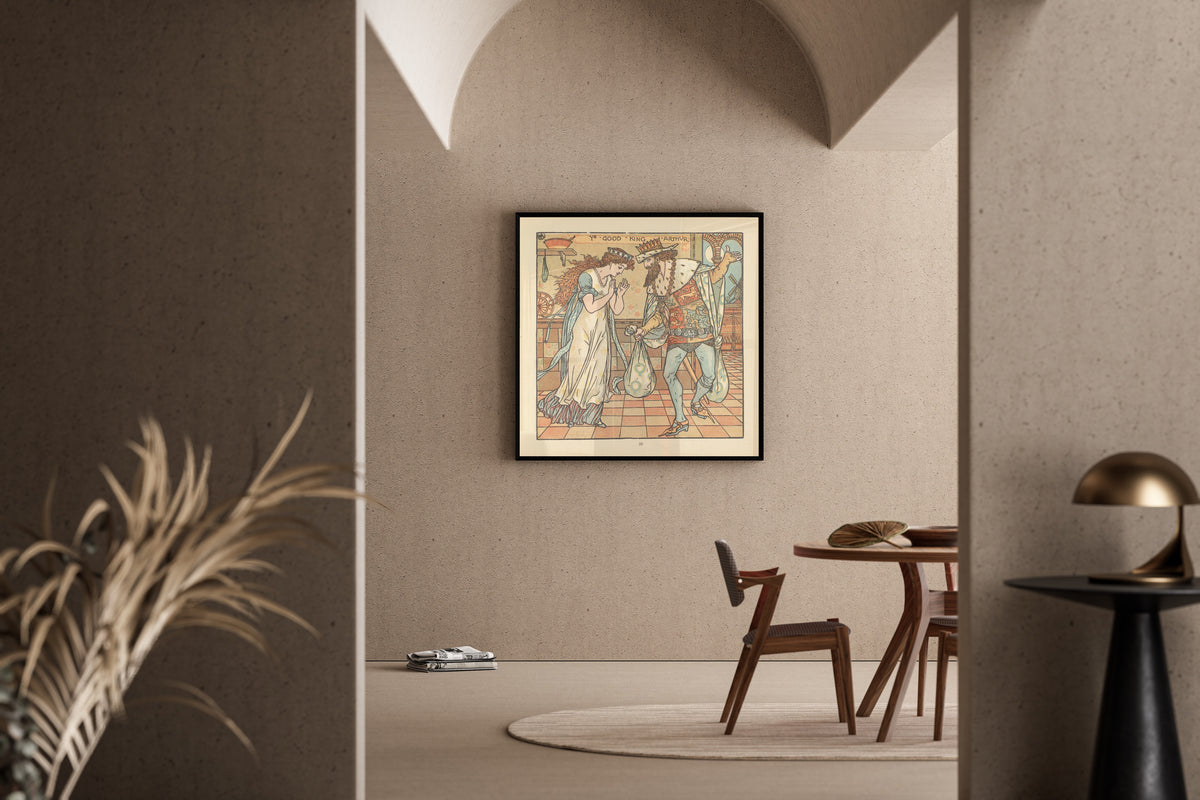 Framed art print of The Baby's Opera: Ye Good King Arthur by Walter Crane, in a sunlit dining corner