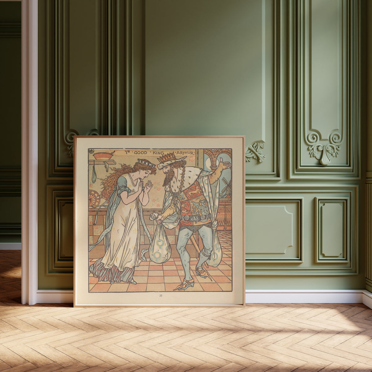 Framed art print of The Baby's Opera: Ye Good King Arthur by Walter Crane, leaning against olive-green panelling on a herringbone floor