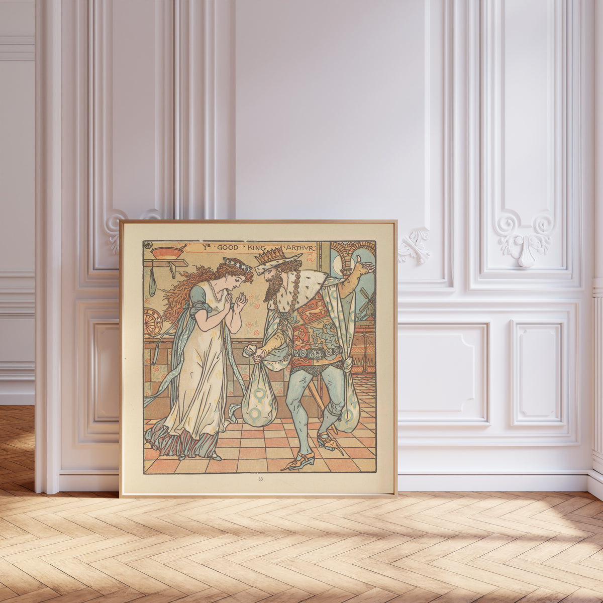 Framed art print of The Baby's Opera: Ye Good King Arthur by Walter Crane, leaning against pale pink panelling on a herringbone floor
