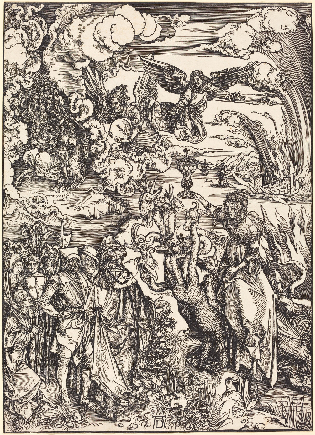 The Babylonian Whore by Albrecht Dürer — A crowned woman raises a goblet on a many-headed beast