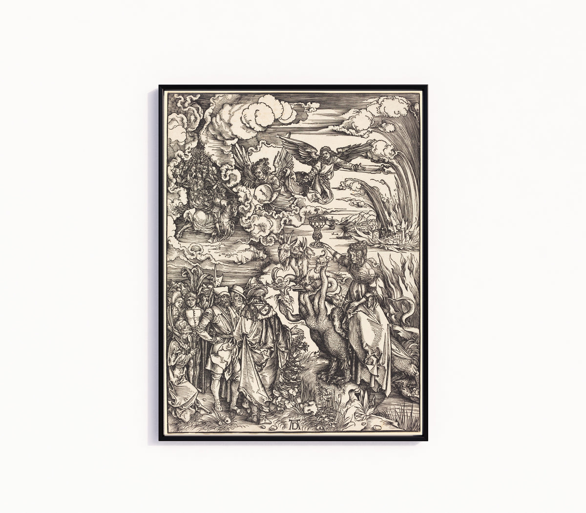 Framed art print of The Babylonian Whore by Albrecht Dürer, in a slim black frame on a plain white wall
