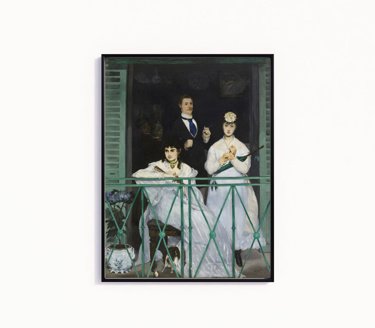 Framed art print of The Balcony by Édouard Manet, in a slim black frame on a plain white wall