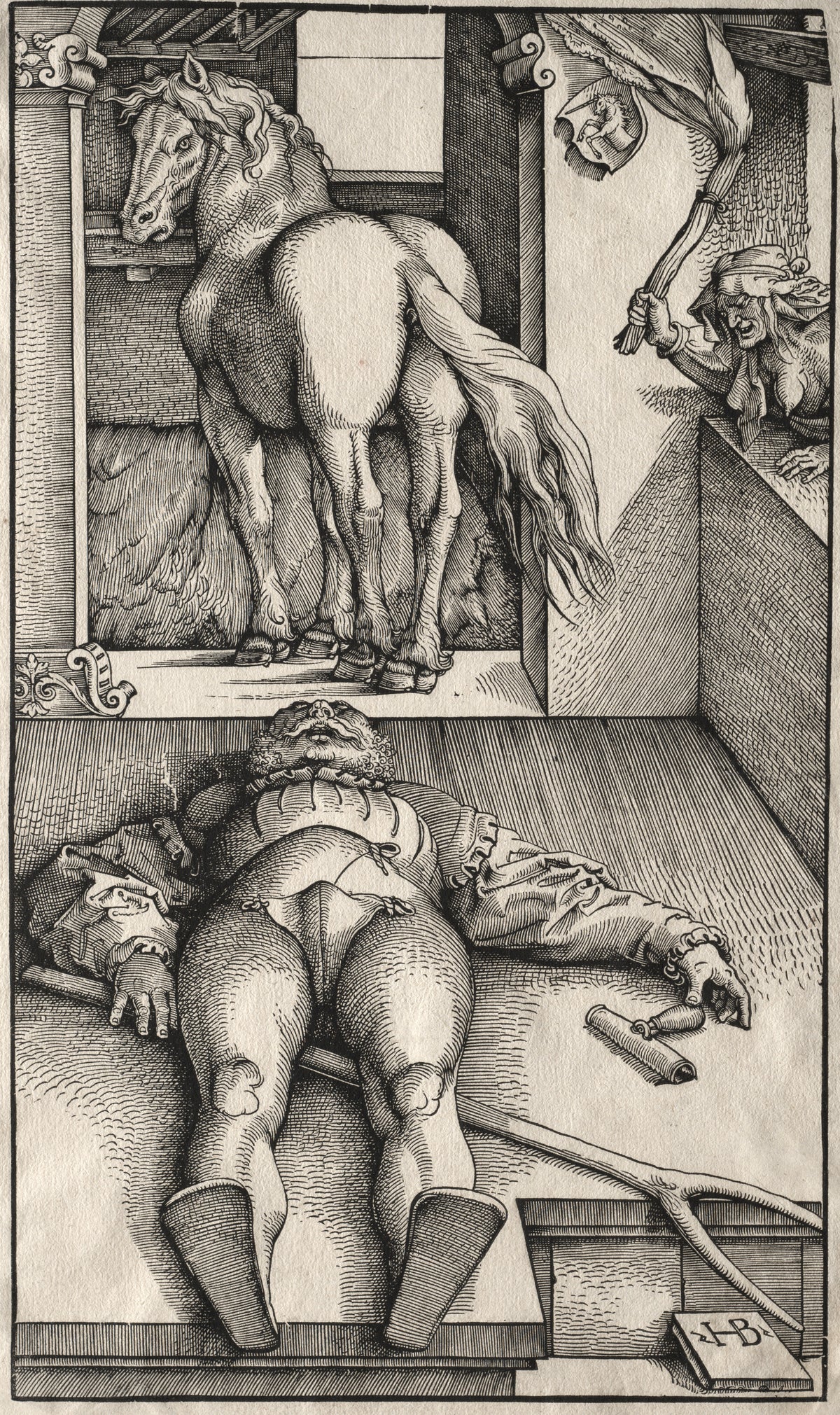 The Bewitched Groom by Hans Baldung Grien — A groom lies senseless on a stable floor as a horse glares back at him