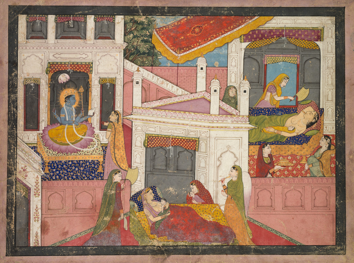 The Birth of Rama and His Brothers, from the Bala Kanda of the Adhyatma Ramayana by Kangra school — Mothers and newborns in a palace under a four-armed deity