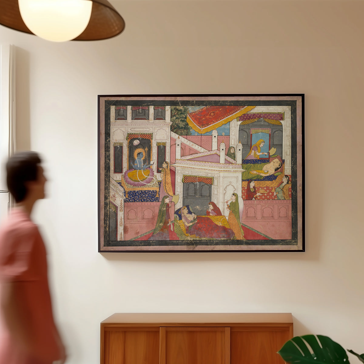 Framed art print of The Birth of Rama and His Brothers, from the Bala Kanda of the… by Kangra school, in a slim black frame on a warm wall in a sunlit room