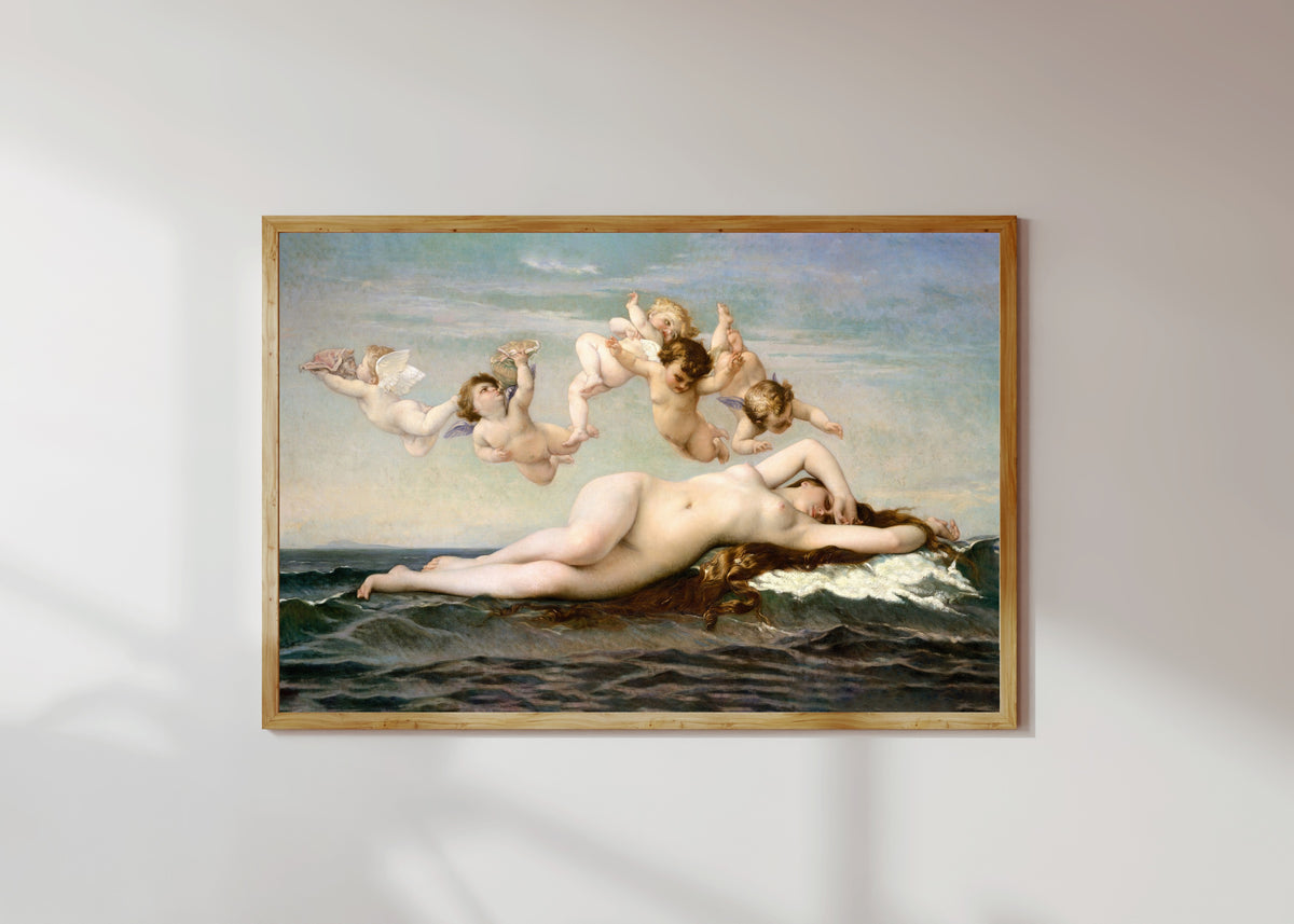 Framed art print of The Birth of Venus by Alexandre Cabanel, in a light wood frame on a sunlit white wall