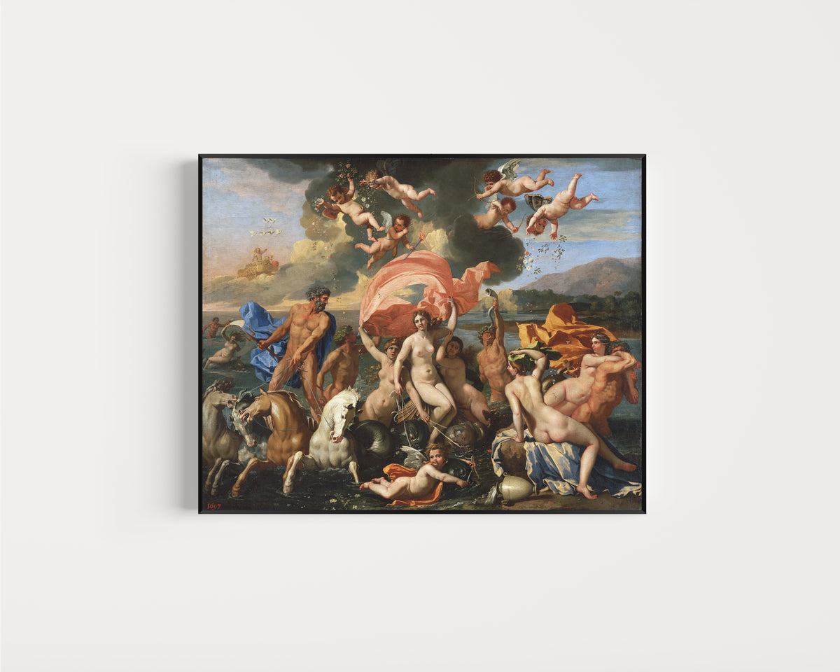 Framed art print of The Birth of Venus by Nicolas Poussin, in a slim black frame on a plain white wall