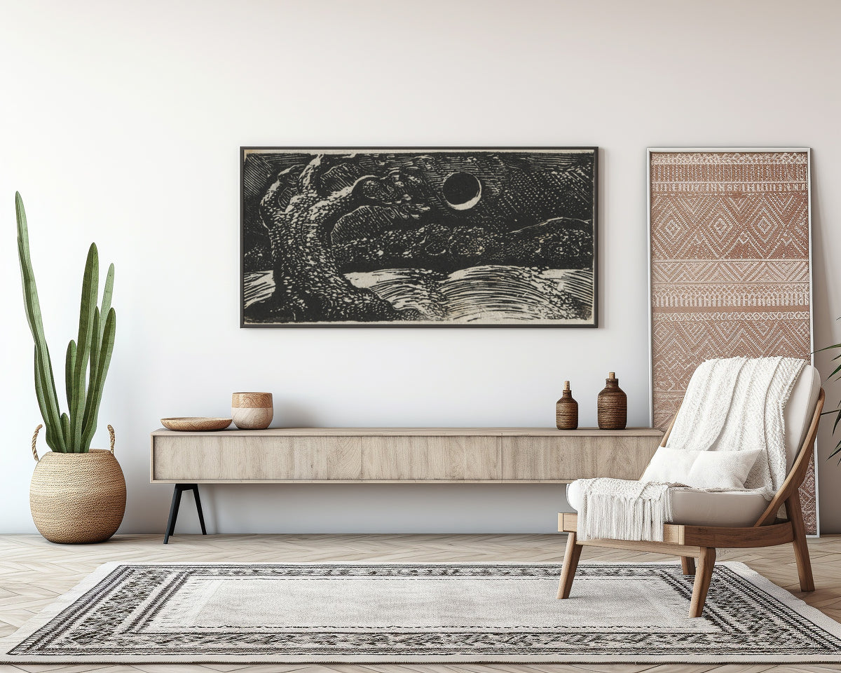 Framed art print of The Blasted Tree (Pastorals of Virgil) by William Blake, above a sideboard in a living room