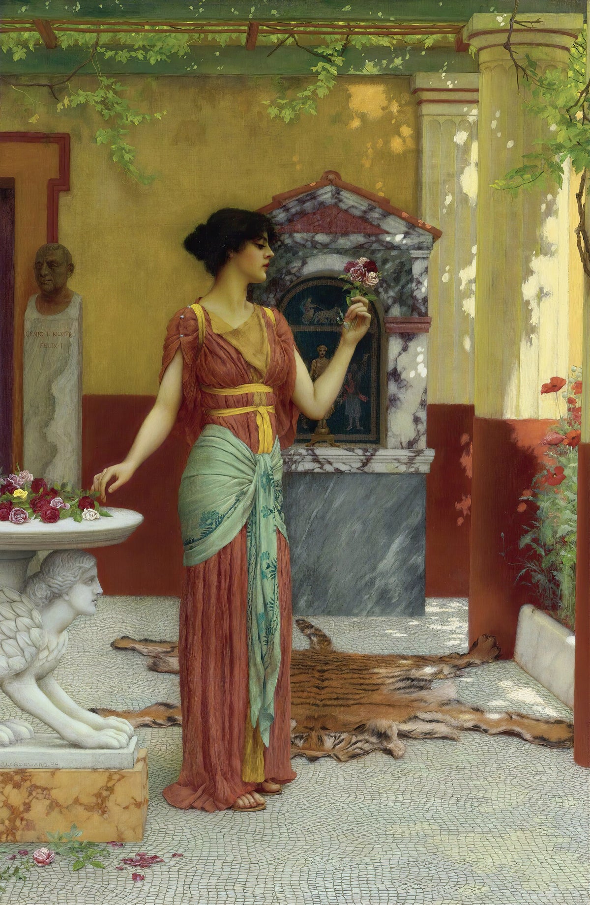 The Bouquet by John William Godward — A woman lifts a posy of roses beside a basin of flowers in a courtyard