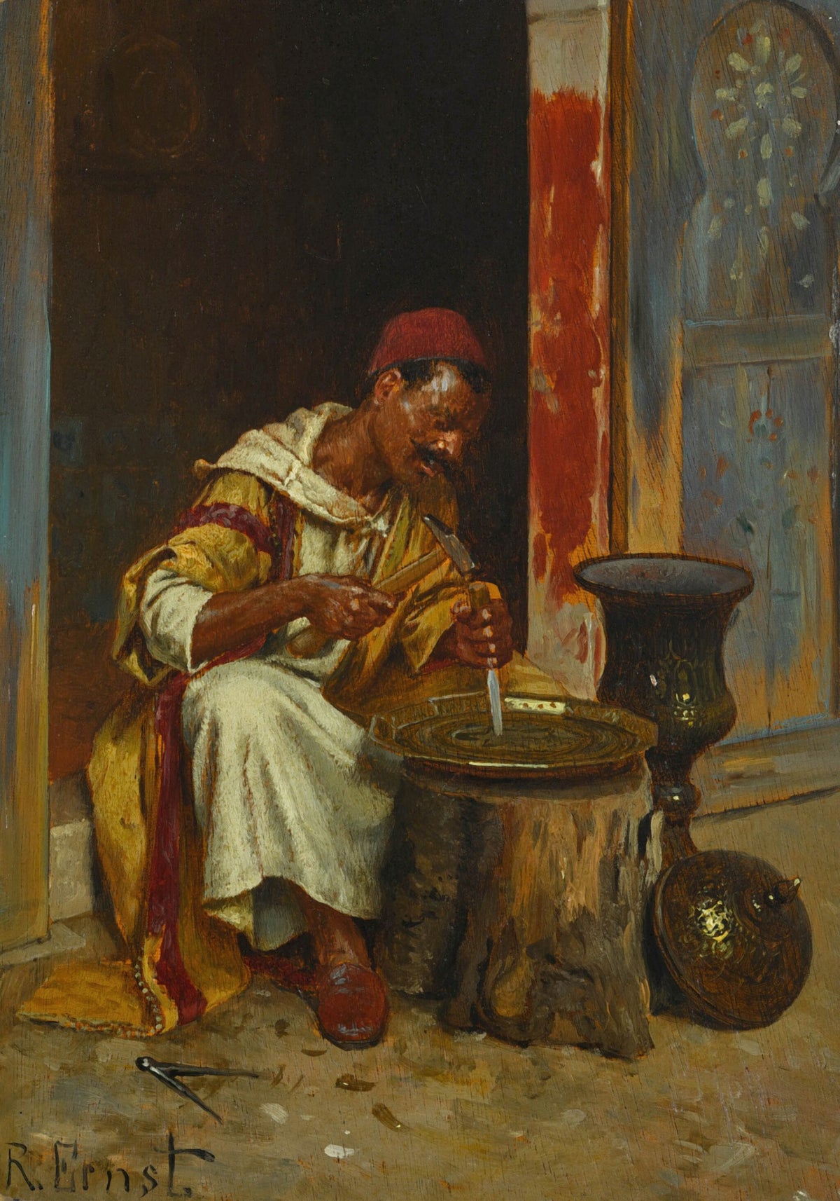 The Brass Worker by Rudolf Ernst — A craftsman hammers a pattern into a brass tray at his doorway