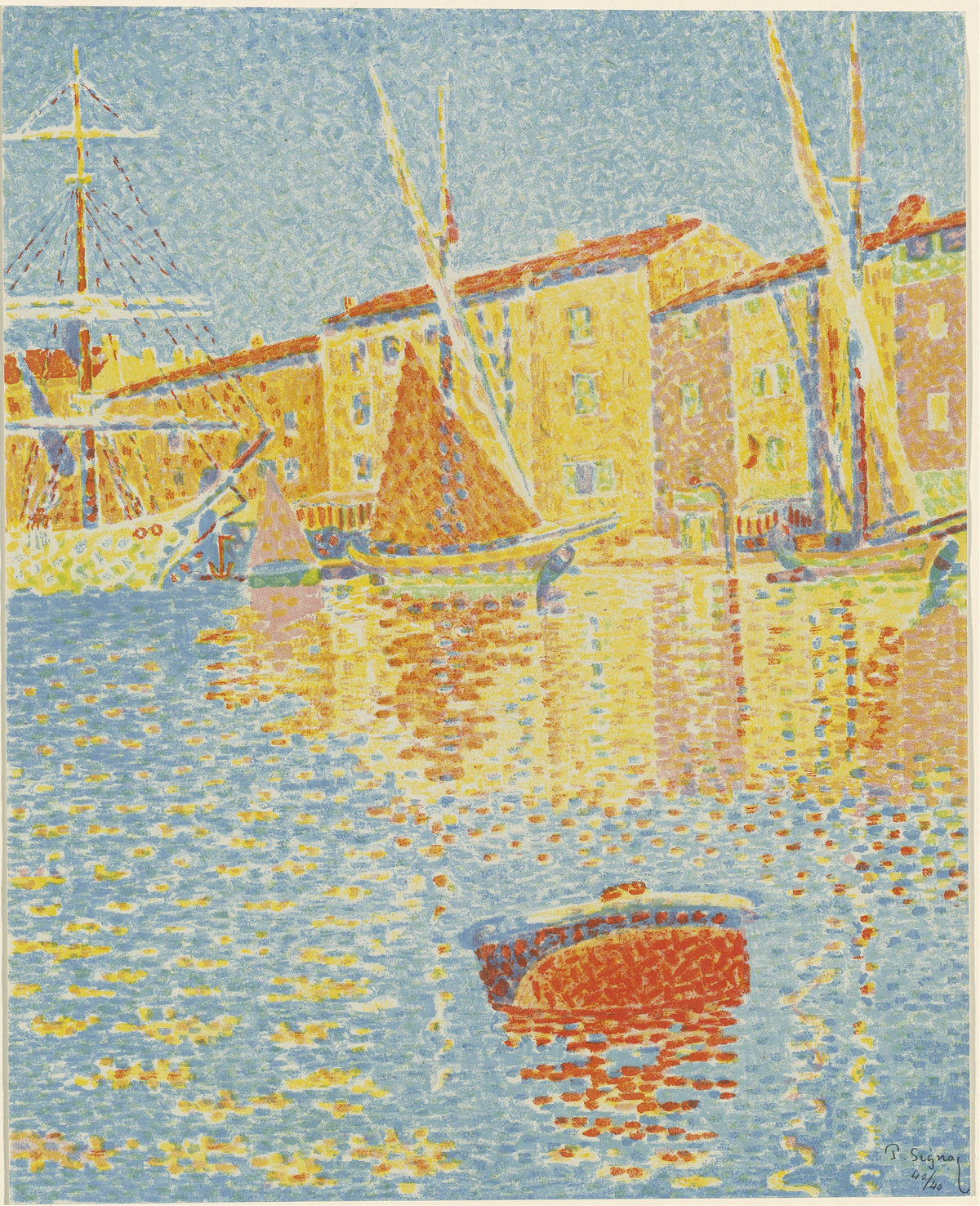 The Buoy by Paul Signac — A lone red buoy on sunlit harbour water before tall yellow houses