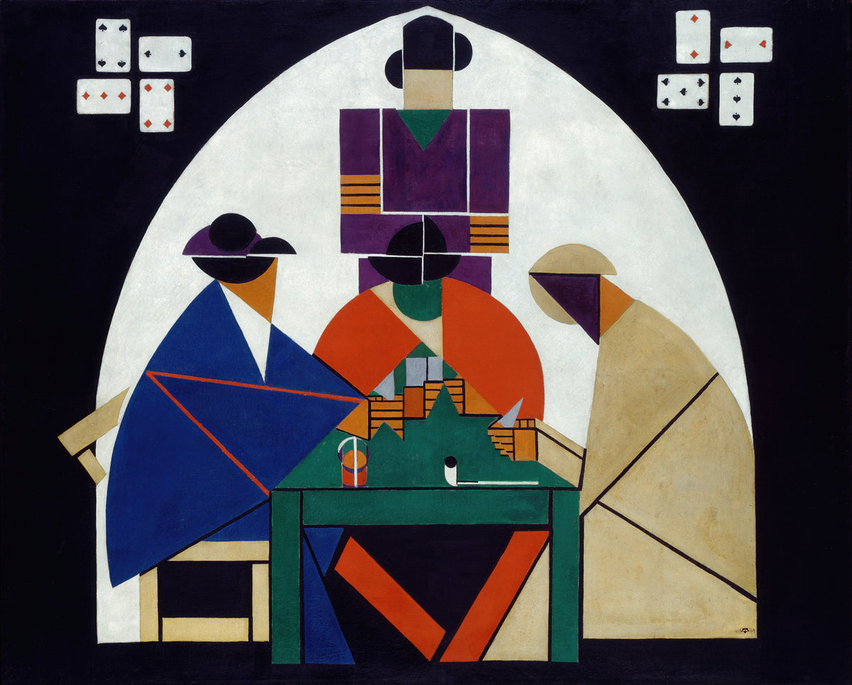 The Cardplayers by Theo van Doesburg — Card players broken into flat coloured blocks under a white arch