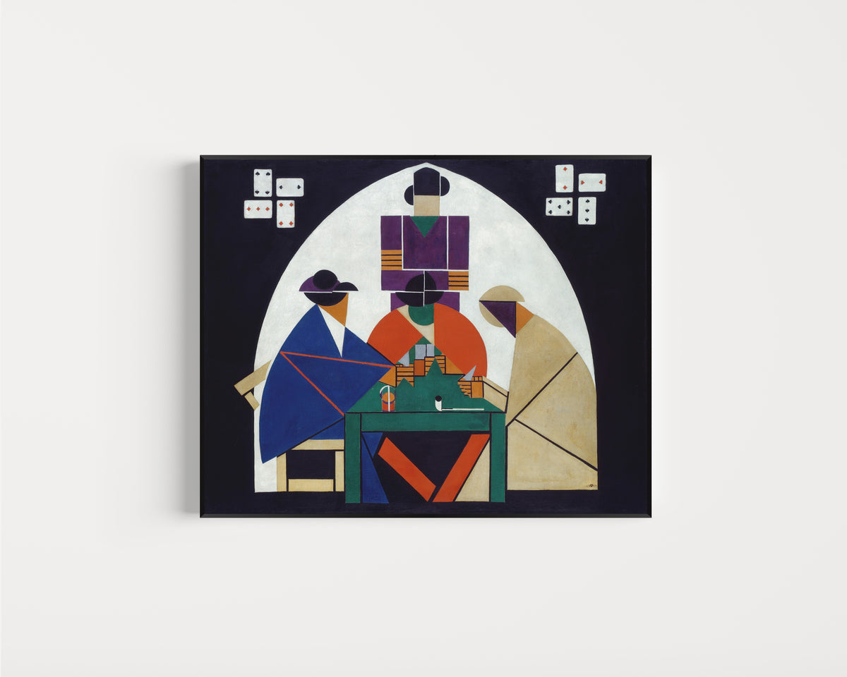 Framed art print of The Cardplayers by Theo van Doesburg, in a slim black frame on a plain white wall