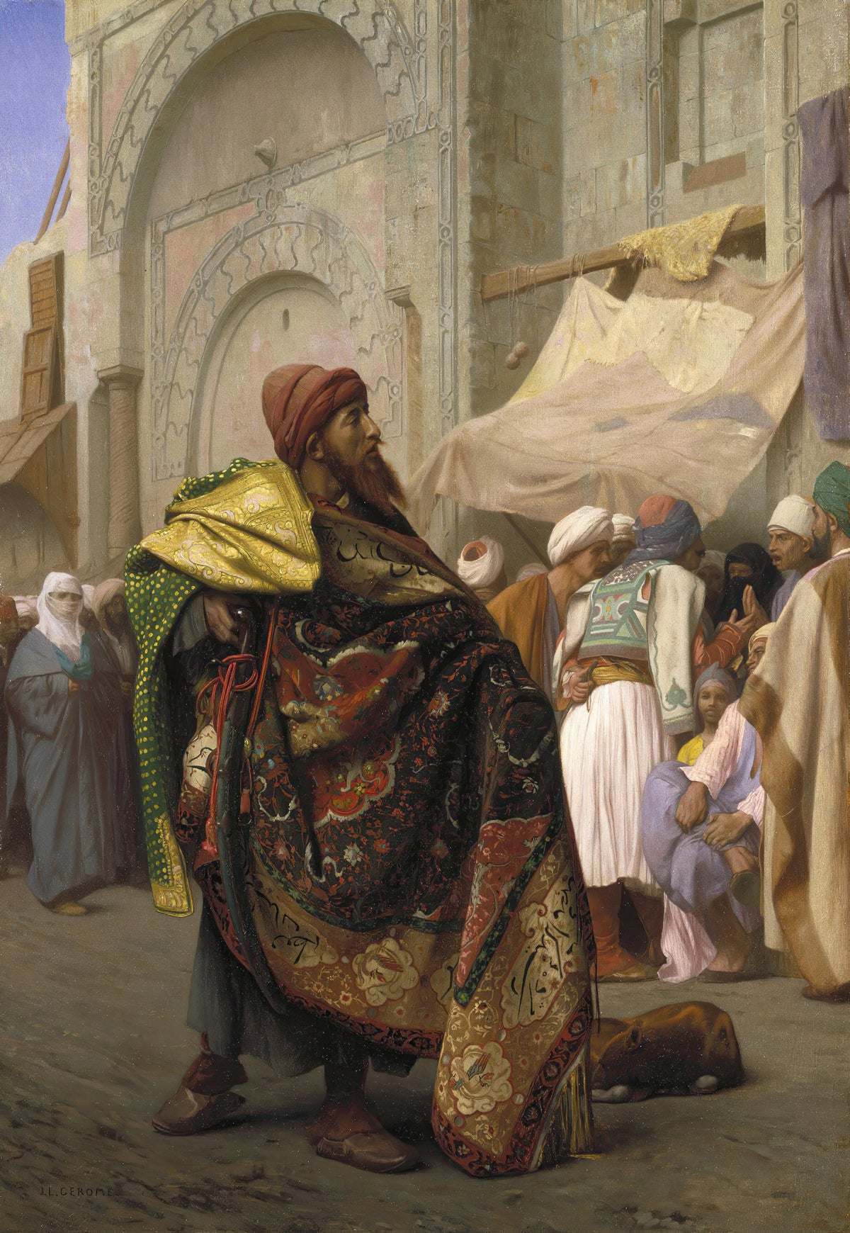 The Carpet Merchant of Cairo by Jean-Léon Gérôme — A carpet seller in a red turban shoulders his finest wares