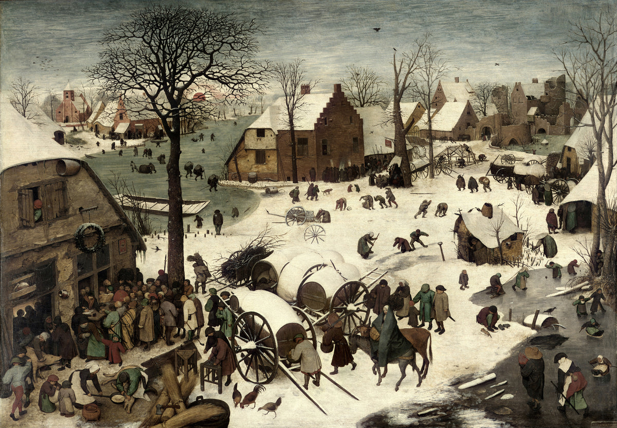 The Census at Bethlehem by Pieter Bruegel the Elder — A frozen Flemish village crowds around an inn door in the snow