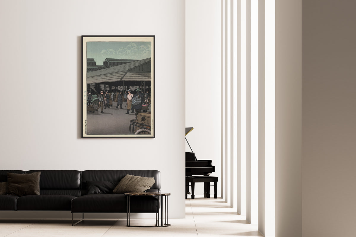 Framed art print of The Central Market by Kawase Hasui, on the wall of a minimal living room