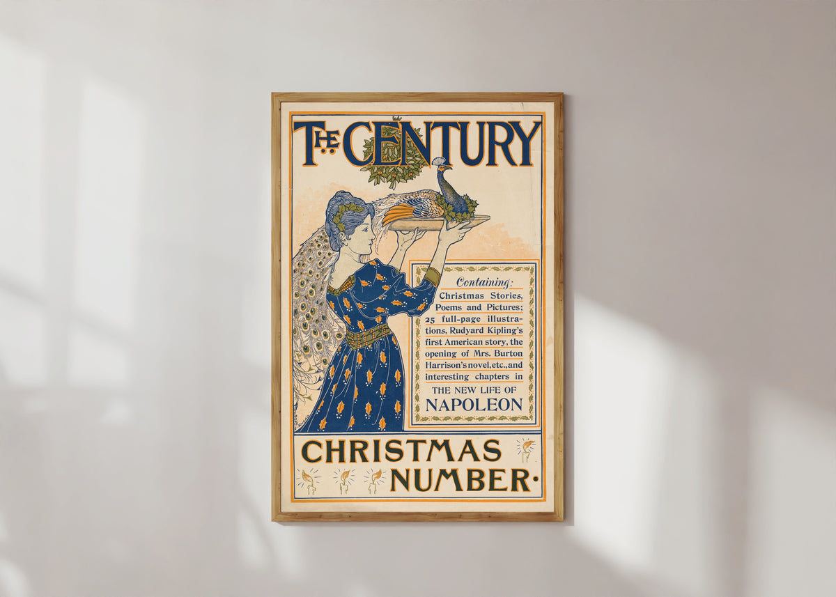 Framed art print of The Century, Christmas Number by Louis Rhead, in a light wood frame on a sunlit white wall