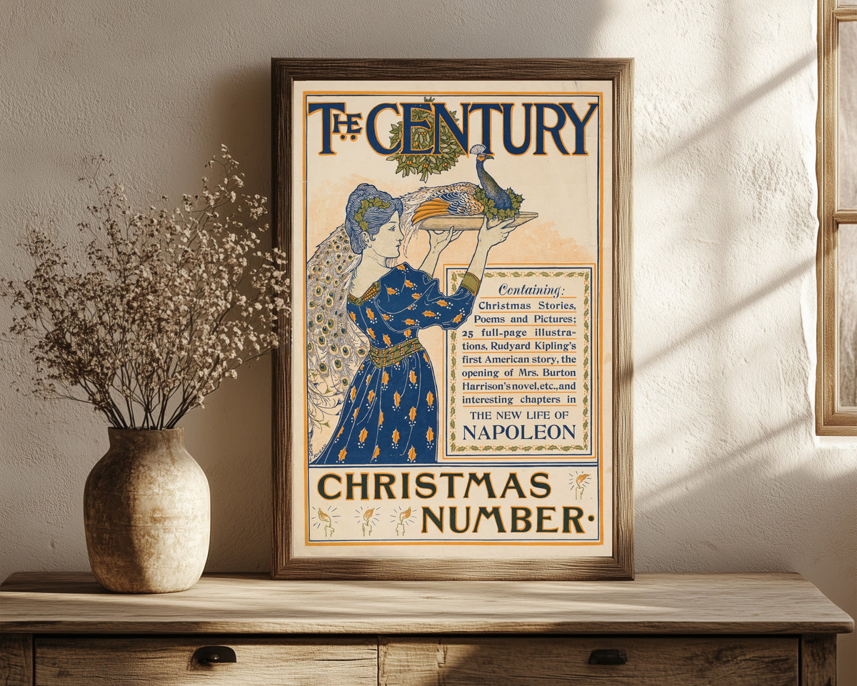 Framed art print of The Century, Christmas Number by Louis Rhead, in a dark wood frame leaning on a rustic console beside dried flowers