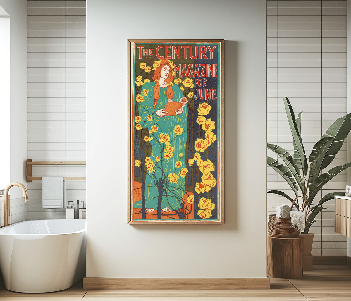 Framed art print of The Century Magazine for June by Louis Rhead, in a bathroom beside a freestanding tub
