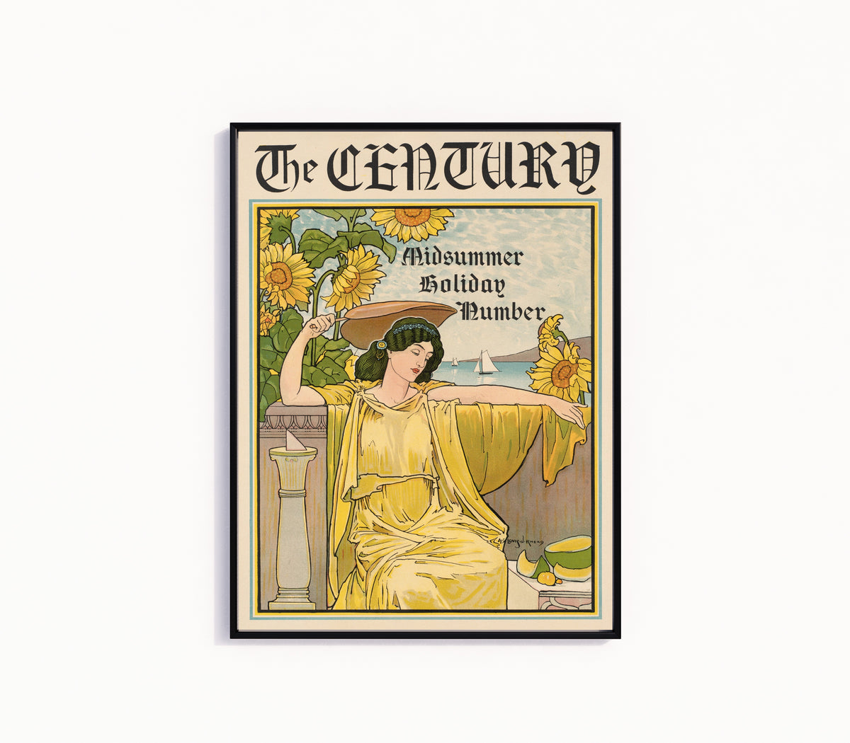 Framed art print of The Century, Midsummer Holiday Number by Louis Rhead, in a slim black frame on a plain white wall