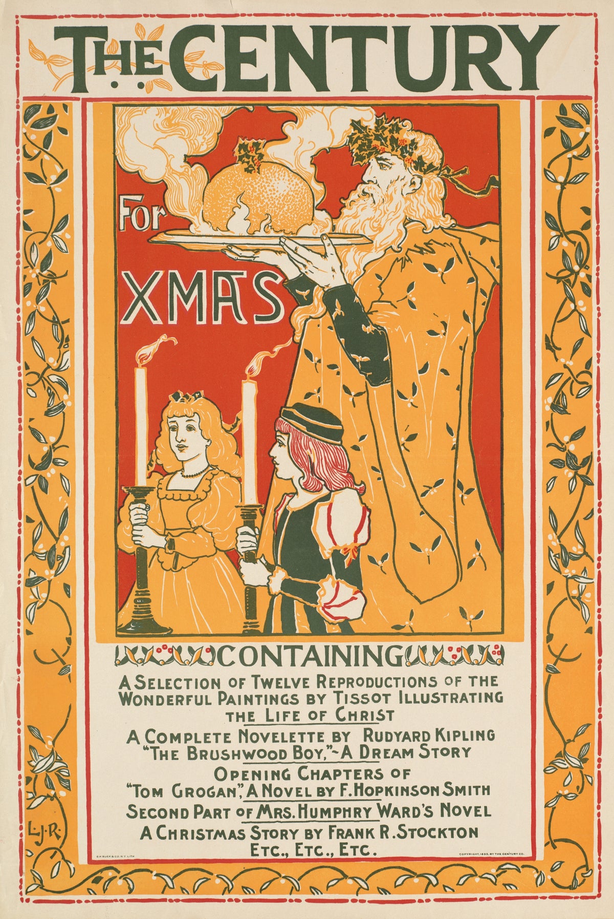 The Century for Xmas by Louis Rhead — A bearded man in a holly crown carries a flaming pudding
